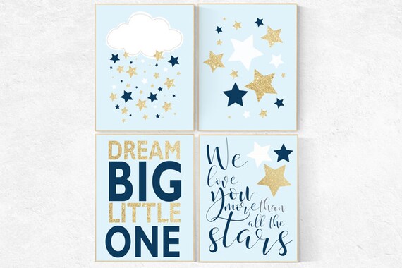 Nursery wall art boy, nursery decor boy cloud, nursery wall art, cloud and stars, star nursery decor, navy blue gold, navy nursery decor boy