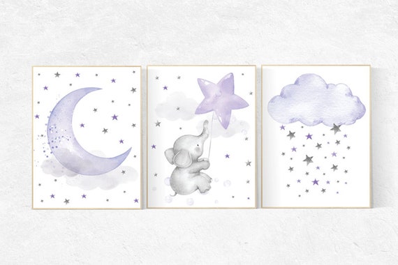 Elephant nursery, Nursery decor girl purple, nursery decor girl lavender and gray, lilac nursery, purple nursery, cloud, moon and stars