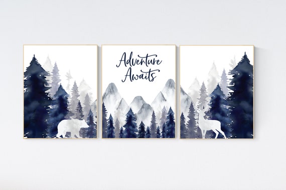 Woodland Nursery Decor, Baby Boy Nursery, Mountain Nursery, Adventure Awaits Print, Nursery decor boy, woodland nursery