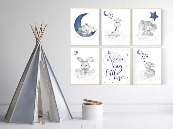 Nursery decor animals, nursery wall art boy, moon and stars, navy blue, animal prints for nursery, navy blue nursery, set of 6 prints