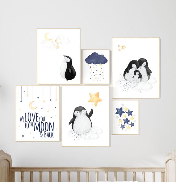 Nursery decor boy, navy blue and yellow nursery, penguin nursery wall art boy, navy Blue, moon and stars, navy nursery wall decor, boys room