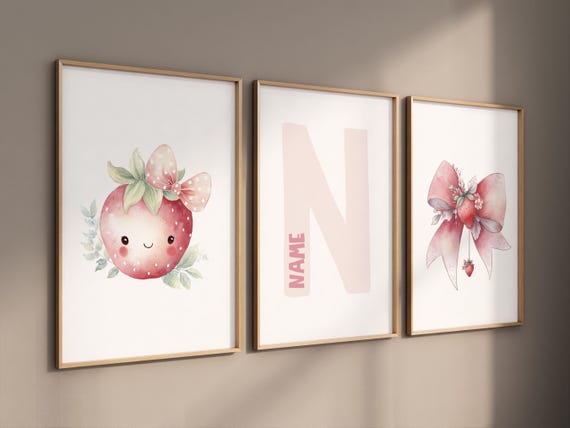 Strawberry Nursery Wall Art Set, Personalized Name Print , Girl Room Decor