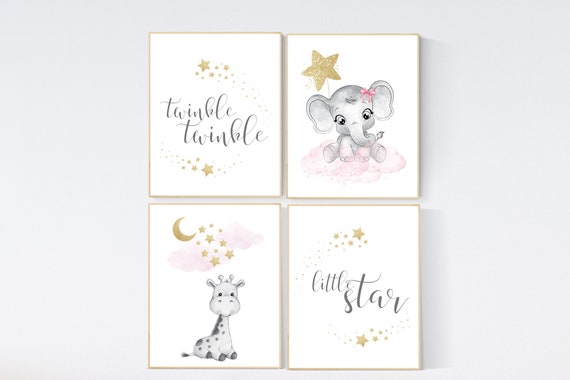 Nursery decor girl elephant, pink and gold nursery, twinkle twinkle little star, pink nursery art, cloud and stars, baby room decor