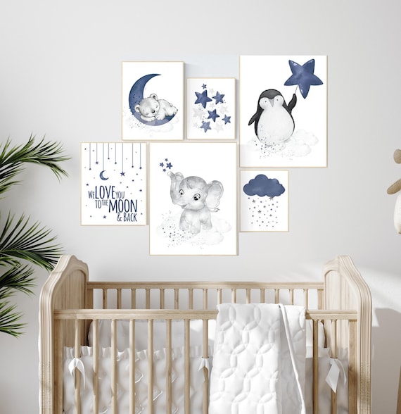 Nursery decor boy elephant, penguin, bear nursery wall art boy, navy Blue, moon and stars, navy nursery, boy nursery decor, elephant nursery