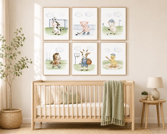 Personalized Farm Animal Sports Nursery Wall Art Set of 6