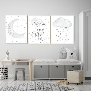 Nursery wall art black and white, gray nursery, nursery decor neutral, baby room decor gender neutral cloud and stars, dream big little one