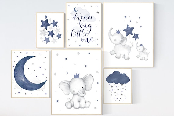 Nursery decor boy elephant, nursery wall art boy, navy Blue, moon and stars, navy nursery, boy nursery decor, elephant nursery art, star