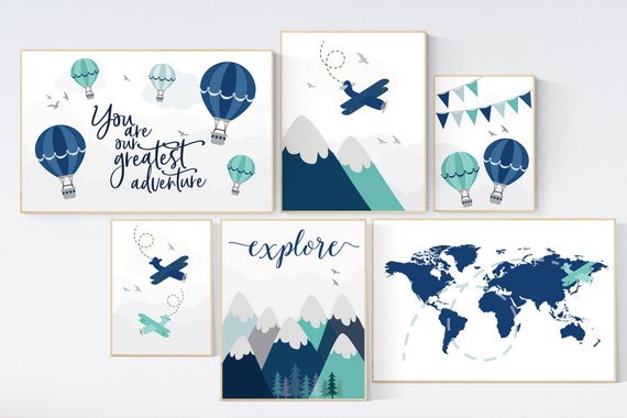 Nursery decor hot air balloon, airplane, Nursery decor boy travel, you are our greatest adventure nursery, mountain nursery, adventure