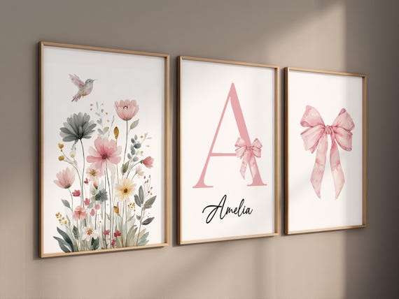 Personalized Girl Nursery Wall Art Set of 3, Floral Hummingbird Print