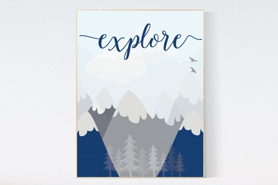 Explore, Nursery wall art woodland, Woodland nursery, baby room print, nursery prints neutral, baby room decor mountains, adventure nursery