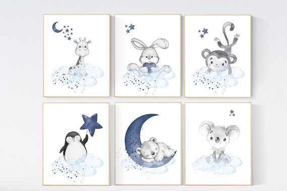 Nursery decor boy animals, nursery wall art boy, navy blue, animal prints for nursery, navy blue nursery wall decor, set of 6 prints