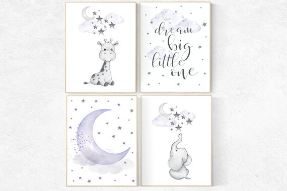 Nursery decor girl giraffe, Nursery decor girl purple, purple nursery print, nursery decor elephant, elephant giraffe, dream big little one