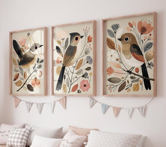 Vintage Bird Wall Art Set of 3, Woodland Bird Prints, Neutral Autumn Boho Decor, Scandinavian Nature Wall Art, Cottagecore Poster
