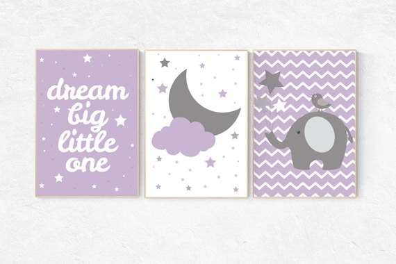 Nursery decor girl purple, nursery decor elephant, lilac, lavender nursery, purple nursery wall art, moon and stars nursery, elephant