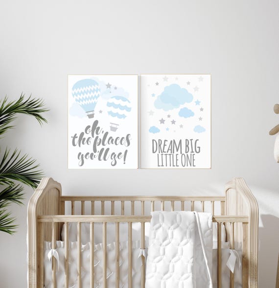 Blue Hot Air Balloon Wall Art Set, Dream Big Nursery Prints, Baby Boy Room Decor, Oh the Places You’ll Go, Cloud Quote Print
