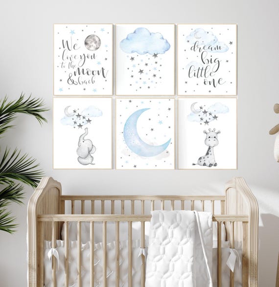 Nursery decor boy elephant, nursery wall art boy, moon and stars, nursery decor giraffe, elephant nursery art, Blue and gray, cloud nursery