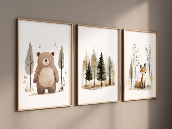 Watercolor Woodland Nursery Prints: Bear, Fox, Forest Art Set