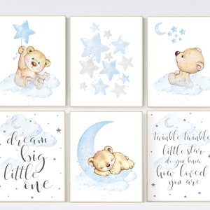 Nursery decor boy bear, boys nursery prints. nursery decor boy ideas, nursery art ideas, baby blue, grey, nursery wall art, sky, moon, stars