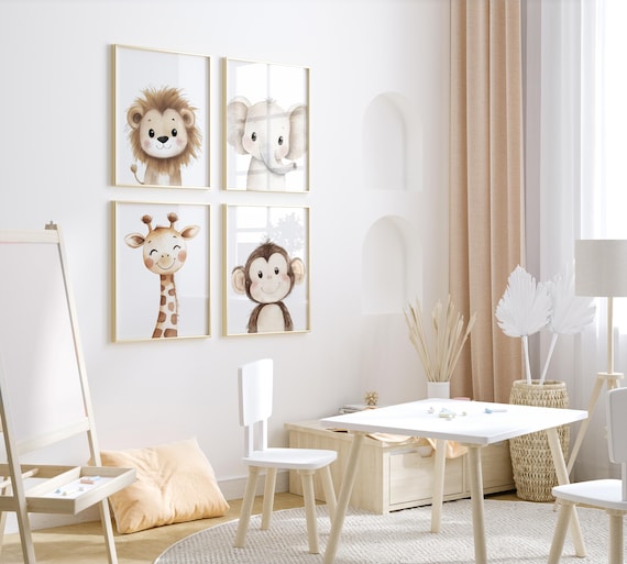 Safari Nursery Prints: Lion, Elephant, Giraffe, Monkey - Jungle Animal Art Set