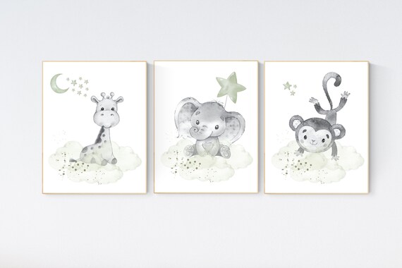 Sage green nursery decor, elephant, giraffe, monkey, gender neutral prints, nursery wall art, animal prints, green nursery wall art
