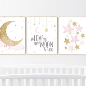 Nursery wall art girl, pink and gold nursery, we love you to the moon and back, pink nursery art, cloud and stars, baby room decor for girls