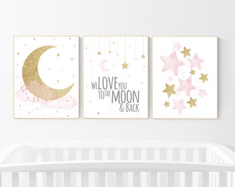 Pink and Gold Nursery Art: Moon, Stars, Cloud Prints
