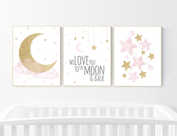 Nursery wall art girl, pink and gold nursery, we love you to the moon and back, pink nursery art, cloud and stars, baby room decor for girls