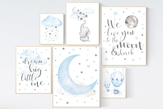 Nursery decor boy elephant, blue and gray nursery, hot air balloon, twinkle twinkle little star, boys room decor, oh the places you'll go