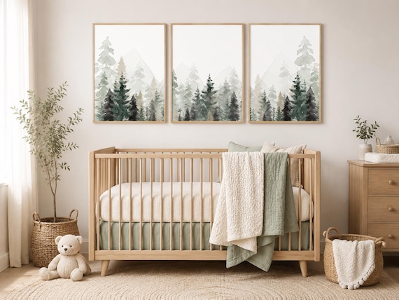 Mountain Nursery Print: Sage Green Forest, Woodland Animals