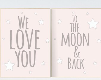 We love you to the moon and back, nursery decor, nursery wall art, pale pink nursery prints, nursery decor girl, baby girl nursery art