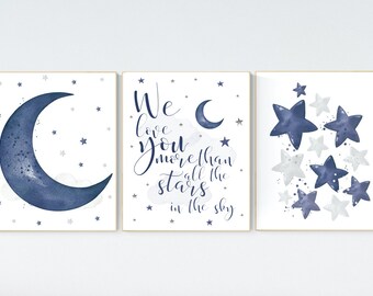 Marineblauwe maan en sterren kinderkamerkunstprints: decoratie babyjongen