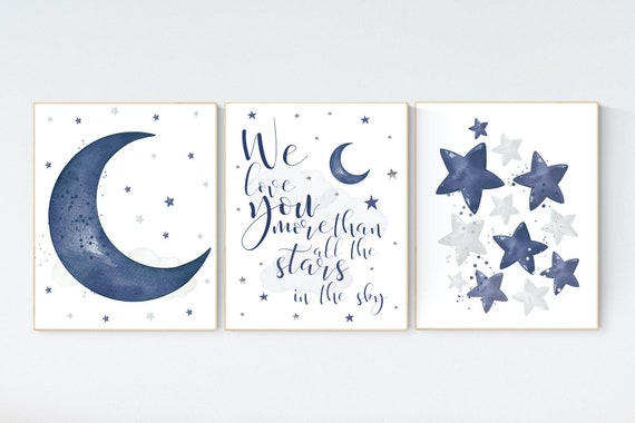 Nursery decor boy, navy nursery wall art boy, moon and stars, navy blue, navy nursery set, star nursery, baby room art