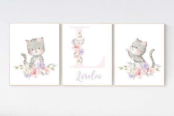 Cat nursery print, kitten nursery print, floral nursery, nursery decor girl, nursery art girl, cat print, kittens, purple pink, lavender