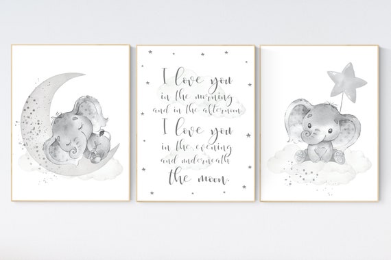 Grey nursery wall art, elephant nursery wall art, moon and stars, gender neutral, gray nursery art, baby room decor, neutral, twin nursery