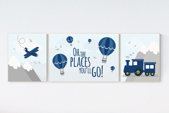 Hot air balloon nursery, oh the places you'll go nursery prints, gender neutral nursery decor, nursery wall art boy airplane, nursery set