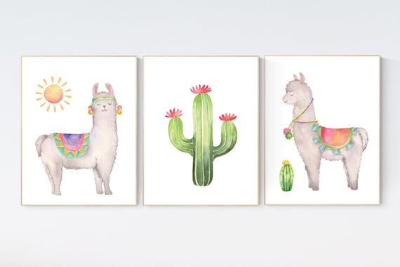 Llama Cactus Nursery Print: Watercolor Wall Art
