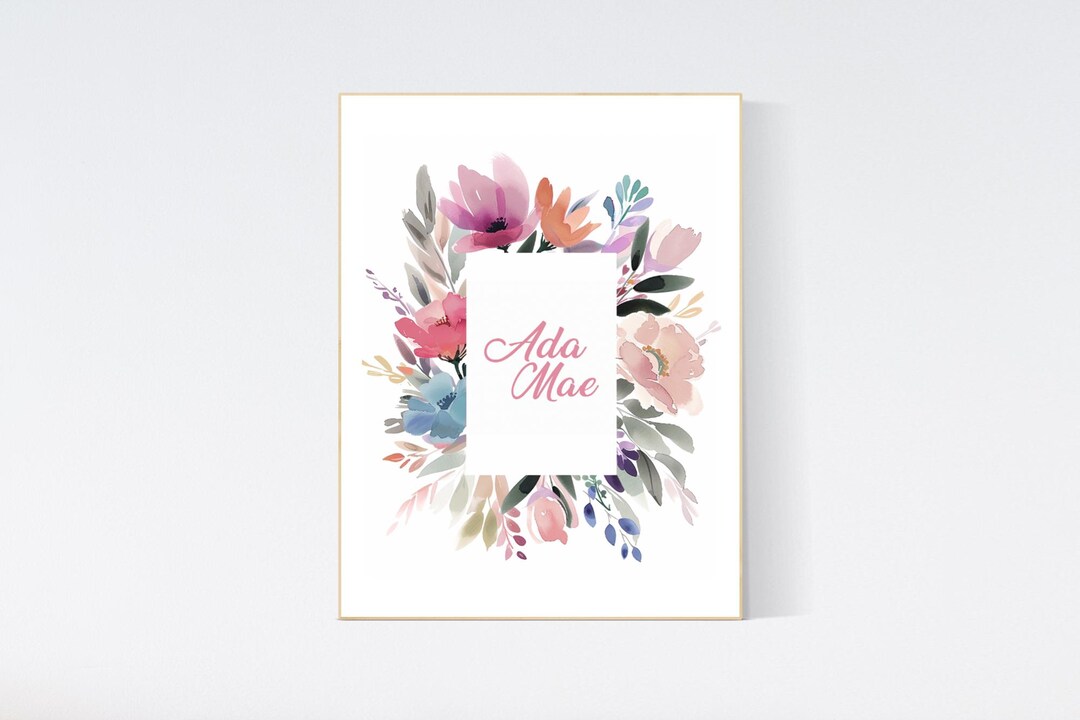 Personalized Name Print – Floral Watercolor Nursery Wall Art | Custom ...