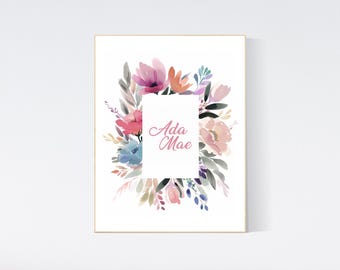 Personalized Name Print – Floral Watercolor Nursery Wall Art | Custom Baby Girl Room Decor |