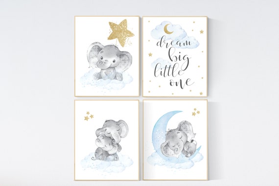 Nursery decor boy elephant, blue and gold nursery, blue nursery wall art, cloud and stars, baby room decor, blue gold nursery art