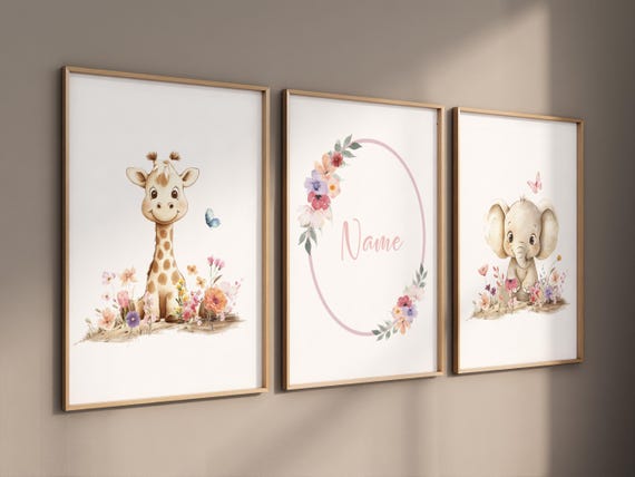 Giraffe & Elephant Nursery Wall Art Set | Personalized Name Print | Floral Baby Girl Room Decor | Neutral Safari Animal Prints
