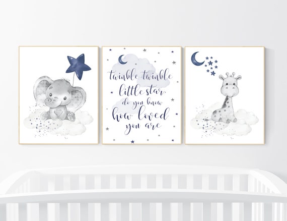 Nursery decor elephant, navy nursery decor, twinkle twinkle little star, giraffe, moon and stars, navy blue nursery art, elephant nursery