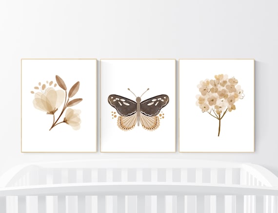 Nursery decor boho, nursery decor girl boho, neutral nursery, Boho Butterfly Floral Set, Butterfly Nursery Wall Art, Neutral colors