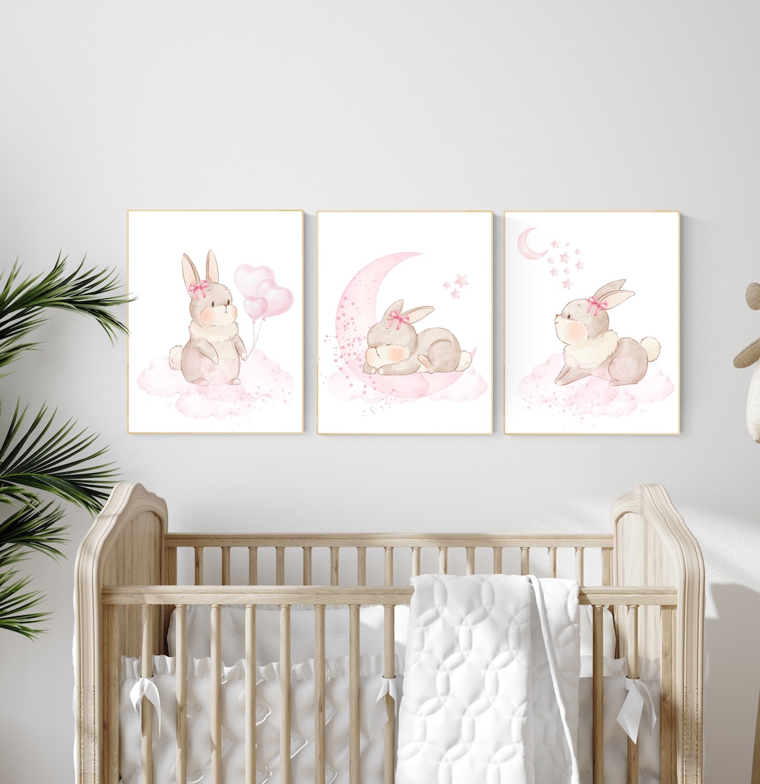 Bunny Nursery Wall Art, Rabbit Nursery Decor, Girl Nursery, Bunny