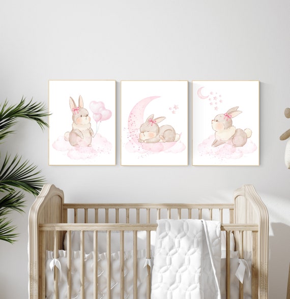 Bunny nursery wall art, rabbit nursery decor, girl nursery, bunny nursery decor, bunny print nursery, baby room decor girl, bunny prints