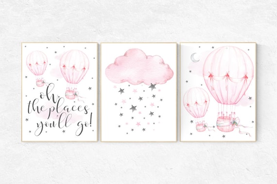 Nursery decor girl pink and gray, hot air balloon, pink and grey, cloud and stars, hot air balloons, nursery wall art, nursery wall art