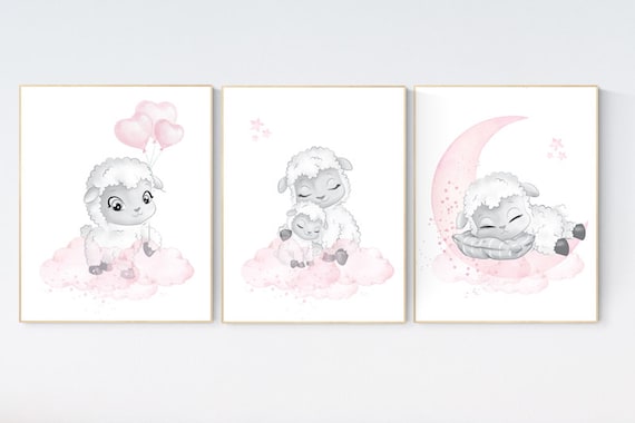 Nursery decor lamb, nursery wall art girl, Sheep nursery decor, sheep nursery art set, nursery decor girl farm, lamb nursery art, pink grey