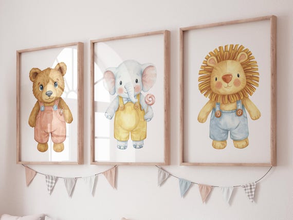 Safari Nursery Wall Art Set of 3, Bear Elephant Lion Prints