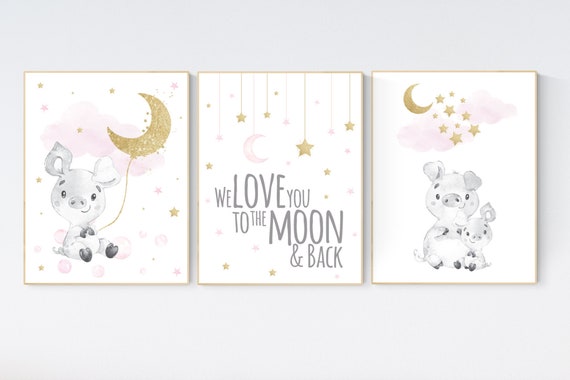 Nursery decor girl pink and gold, pig nursery, baby room decor girl gold and pink, girl nursery decor, cloud and stars, piglet nursery art