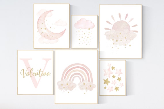 Nursery prints rainbow, blush Nursery decor girl, blush gold nursery wall art, blush pink, moon star, cloud, nursery wall art, sun nursery