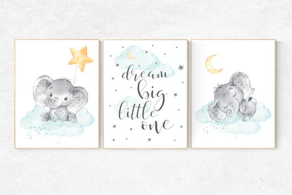 Nursery decor neutral, nursery wall art elephant, cloud and stars, gender neutral, baby room decor, elephant balloon, dream big little one